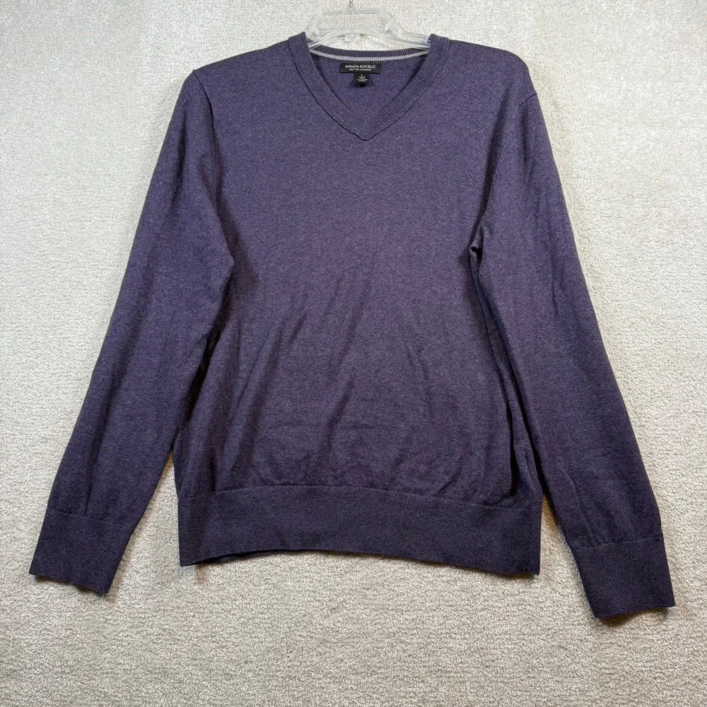 Banana Republic V-Neck Sweater Mens Large Purple Cotton Cashmere Blend Heathered